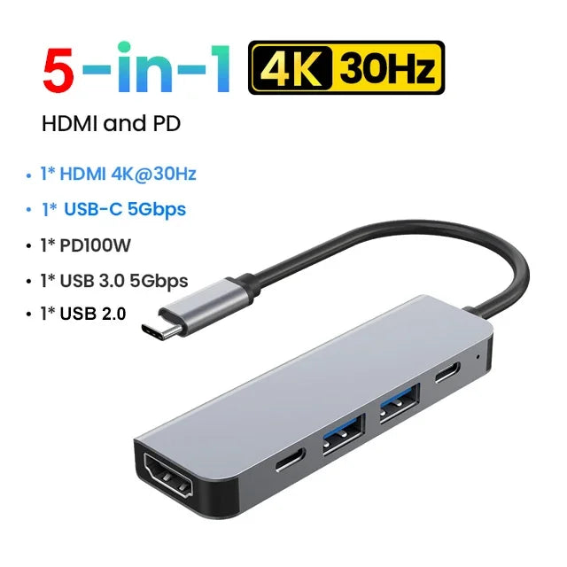 5-in-1 USB-C Hub — 4K HDMI, PD 100W & USB 3.0