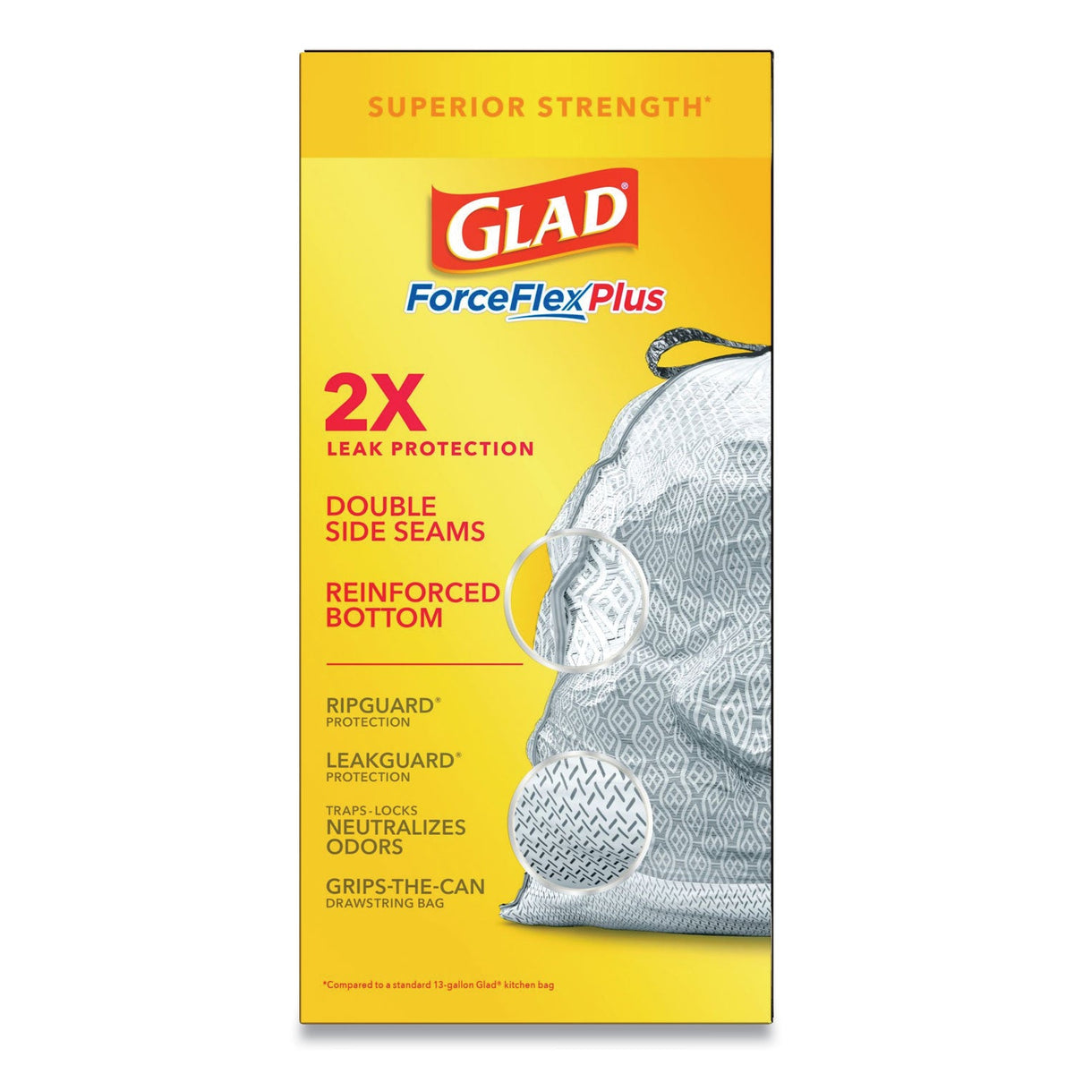 Glad ForceFlexPlus OdorShield Tall Kitchen Drawstring Trash Bags, 13 gal, 0.9 mil, 24" x 28", White, 204/Carton