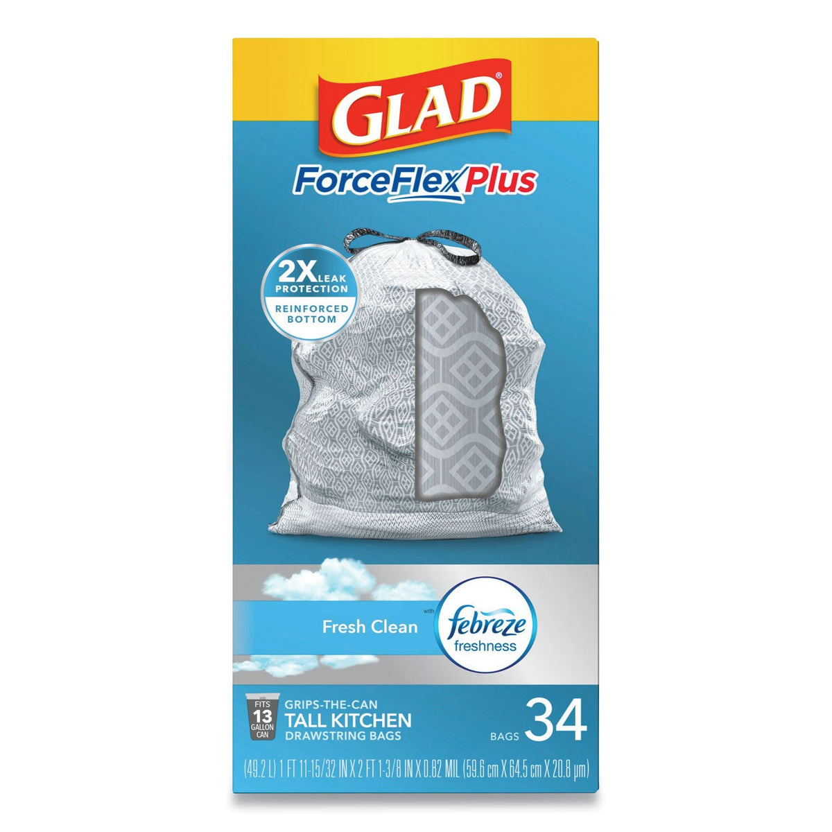 Glad ForceFlexPlus OdorShield Tall Kitchen Drawstring Trash Bags, 13 gal, 0.9 mil, 24" x 28", White, 204/Carton
