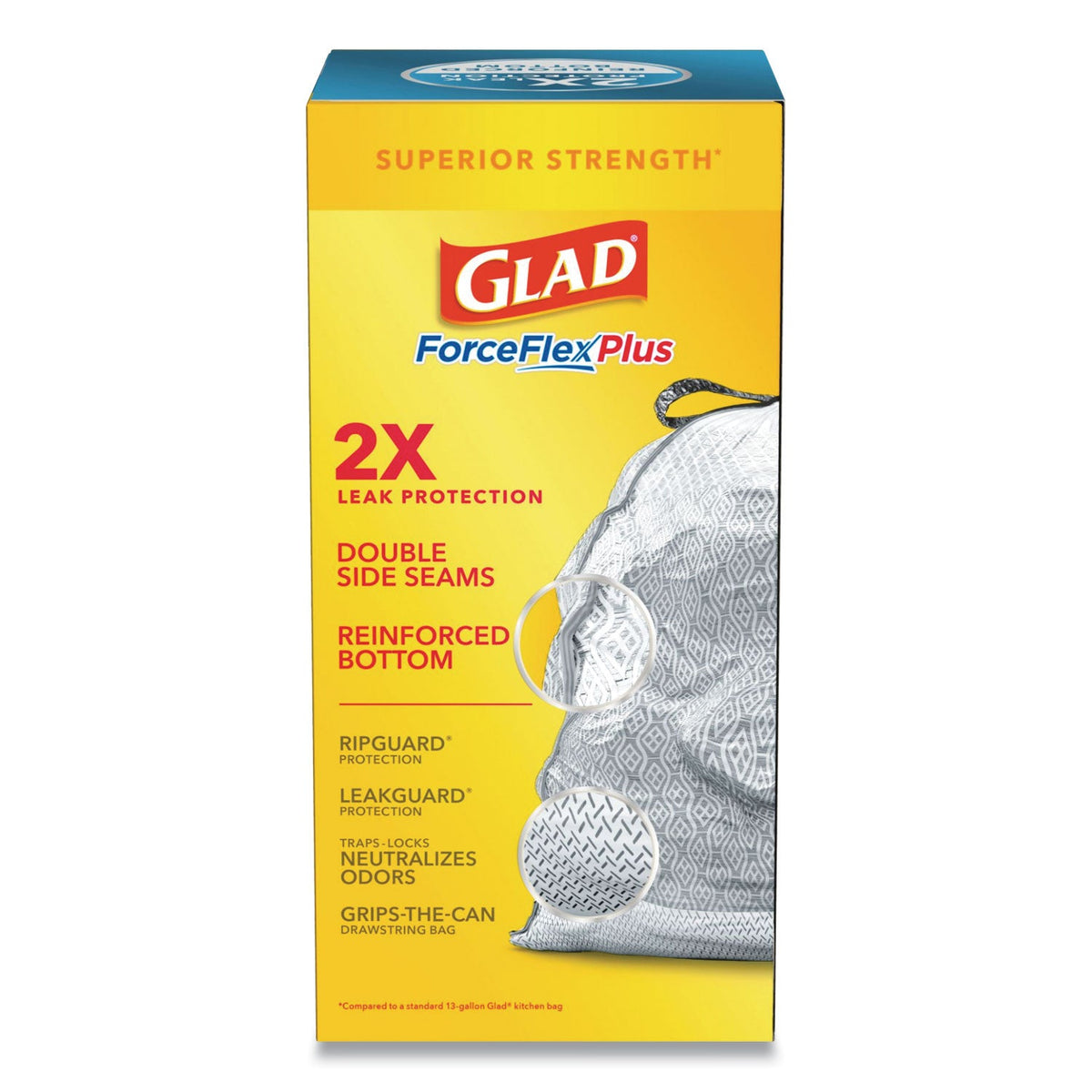 Glad ForceFlexPlus OdorShield Tall Kitchen Drawstring Trash Bags, 13 gal, 0.9 mil, 24" x 28", White, 204/Carton