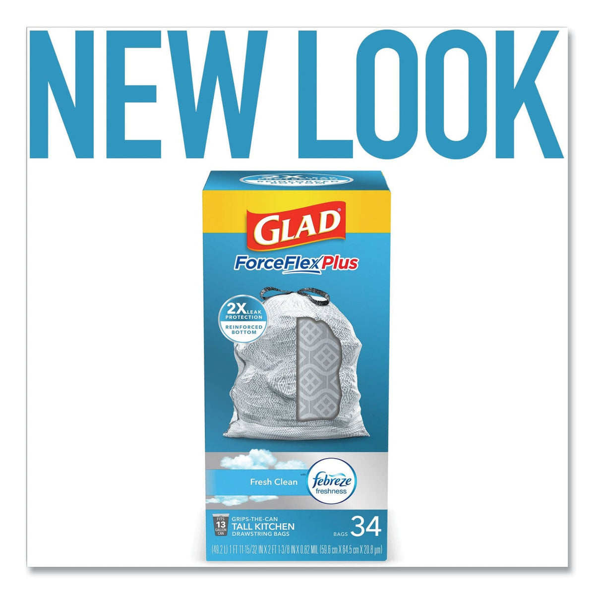 Glad ForceFlexPlus OdorShield Tall Kitchen Drawstring Trash Bags, 13 gal, 0.9 mil, 24" x 28", White, 204/Carton