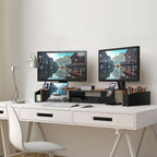 Desk Dual Monitor Stand Riser With Drawer Rustic Brown