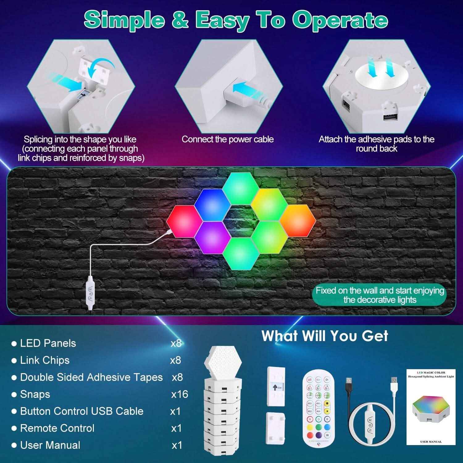 Hexagon LED Wall Panels — 8-Piece RGBW Kit