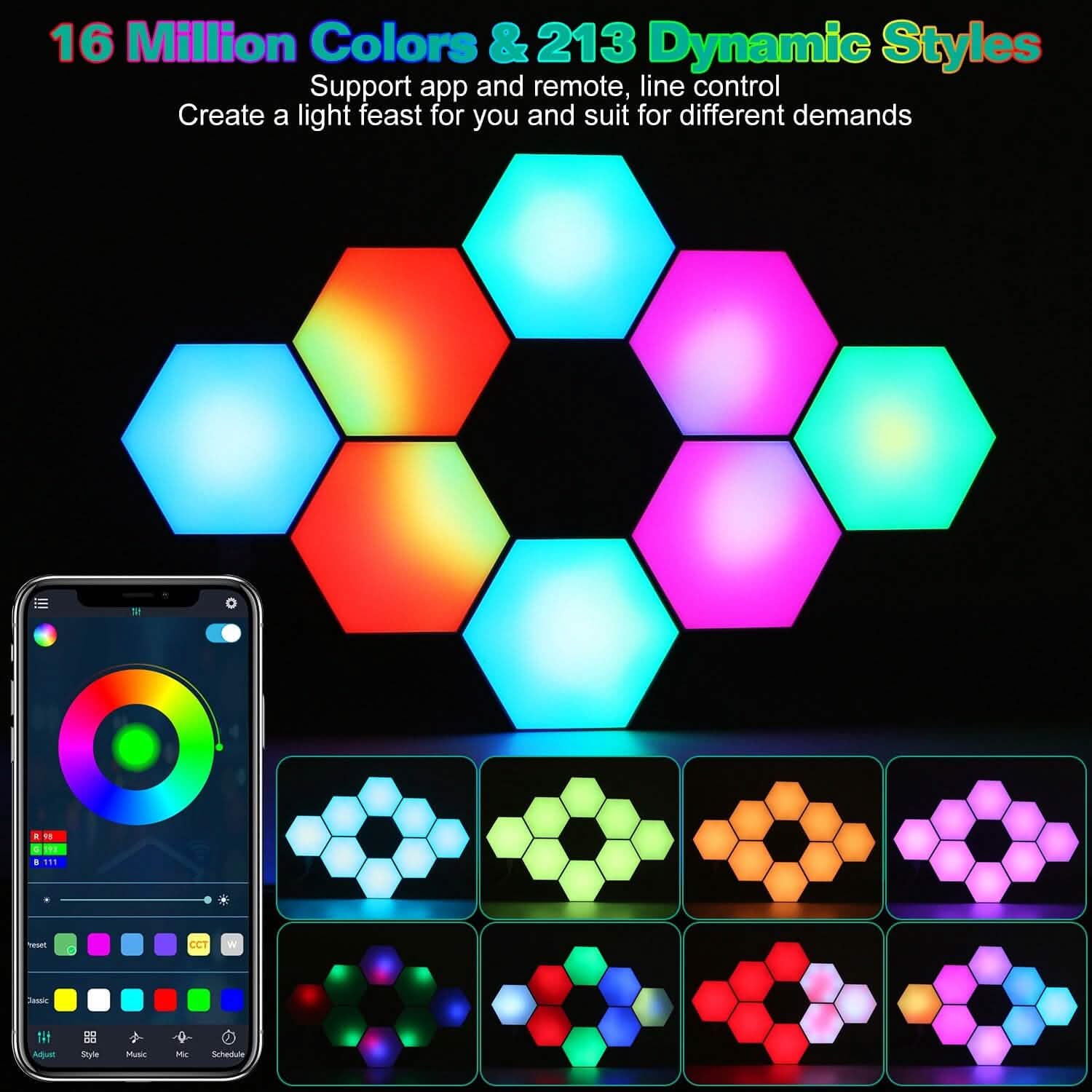 Hexagon LED Wall Panels — 8-Piece RGBW Kit
