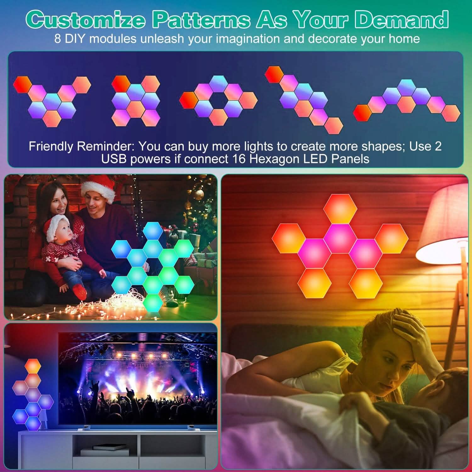 Hexagon LED Wall Panels — 8-Piece RGBW Kit