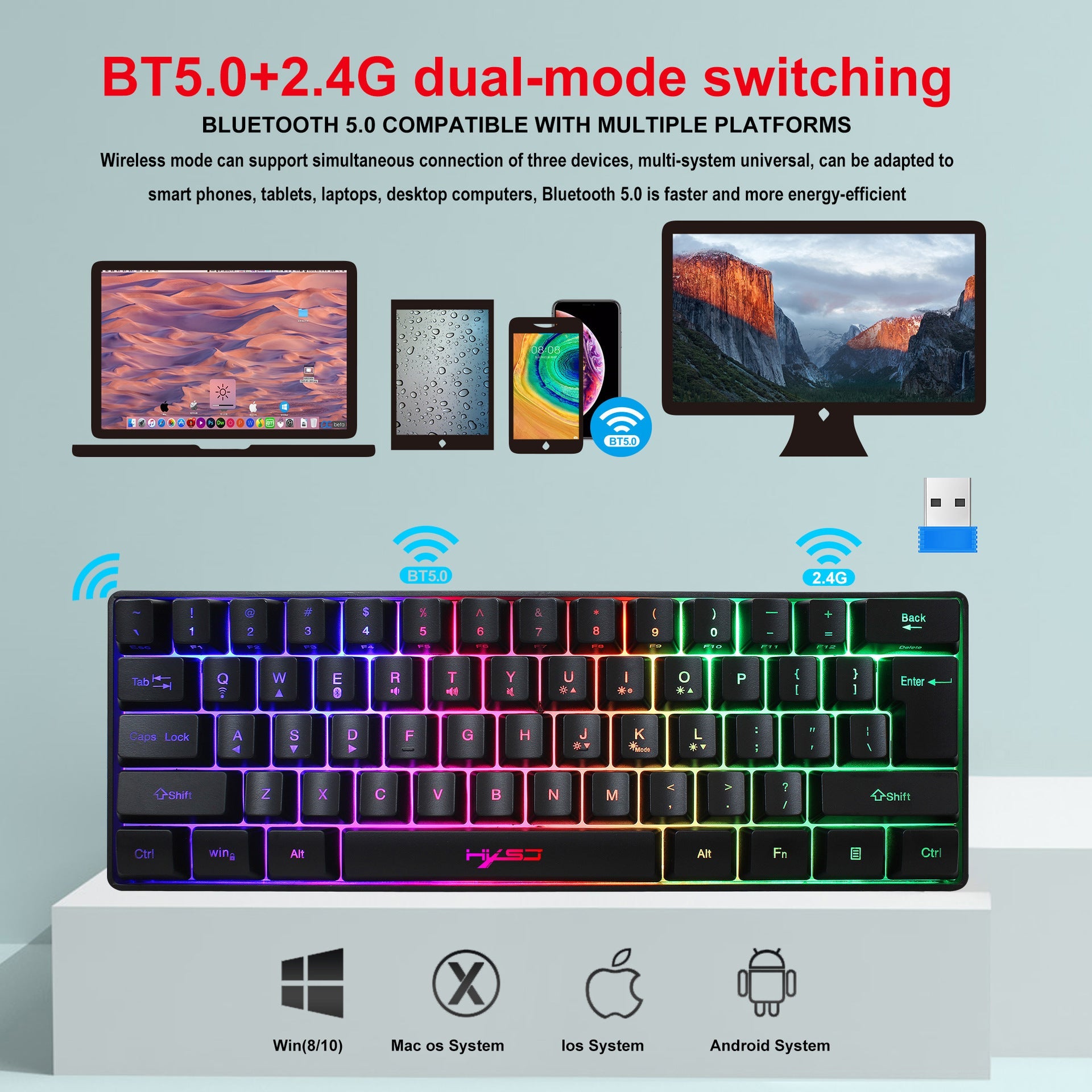 61-Key Bluetooth Wireless Keyboard with RGB Backlight