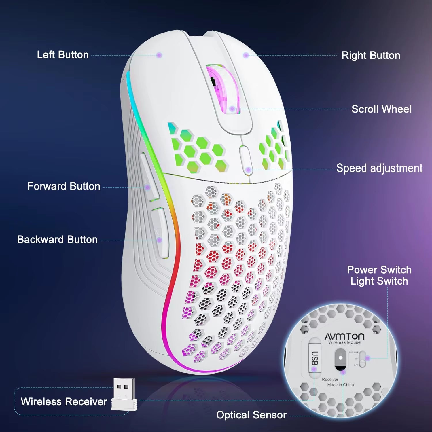 Wireless RGB Mouse with Honeycomb Design — Type-C Rechargeable