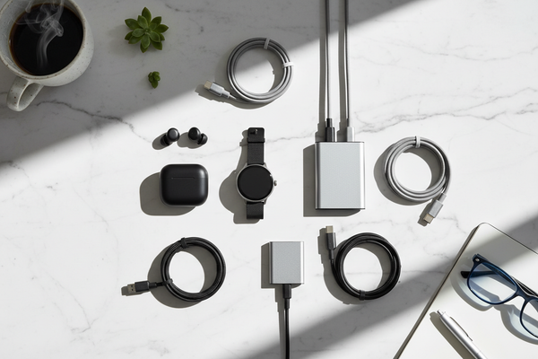 Home tech gadgets flat lay